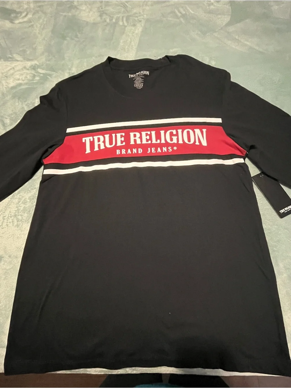 True Religion Black Long Sleeve Shirt with Red Chest Panel and White Logo